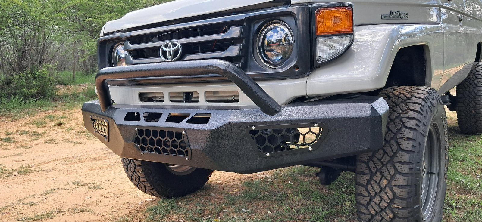 Custom fabricated front bumper — fitted to Toyota Troopy