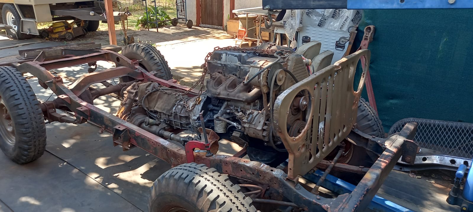 Engine on chassis with grille