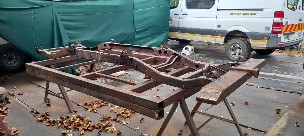 Chassis on trestles workshop view